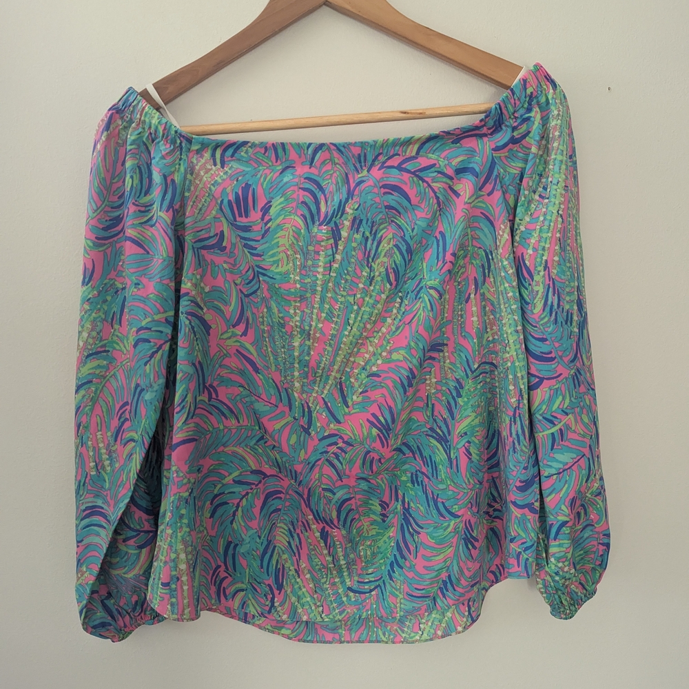 Lilly Pulitzer Blue and Pink Puff Sleeve Blouse